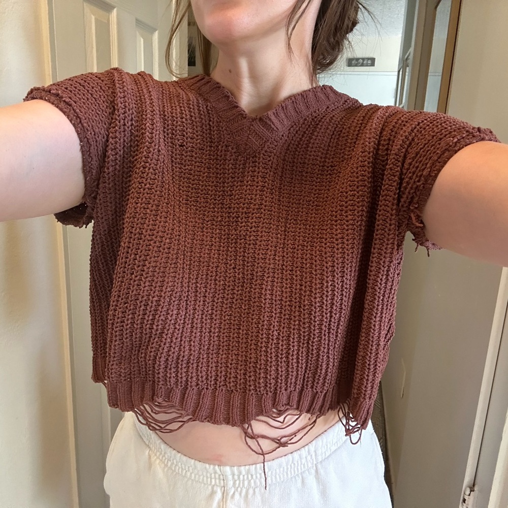 Charlotte Russe Cropped Knit V-Neck Top in Mauve